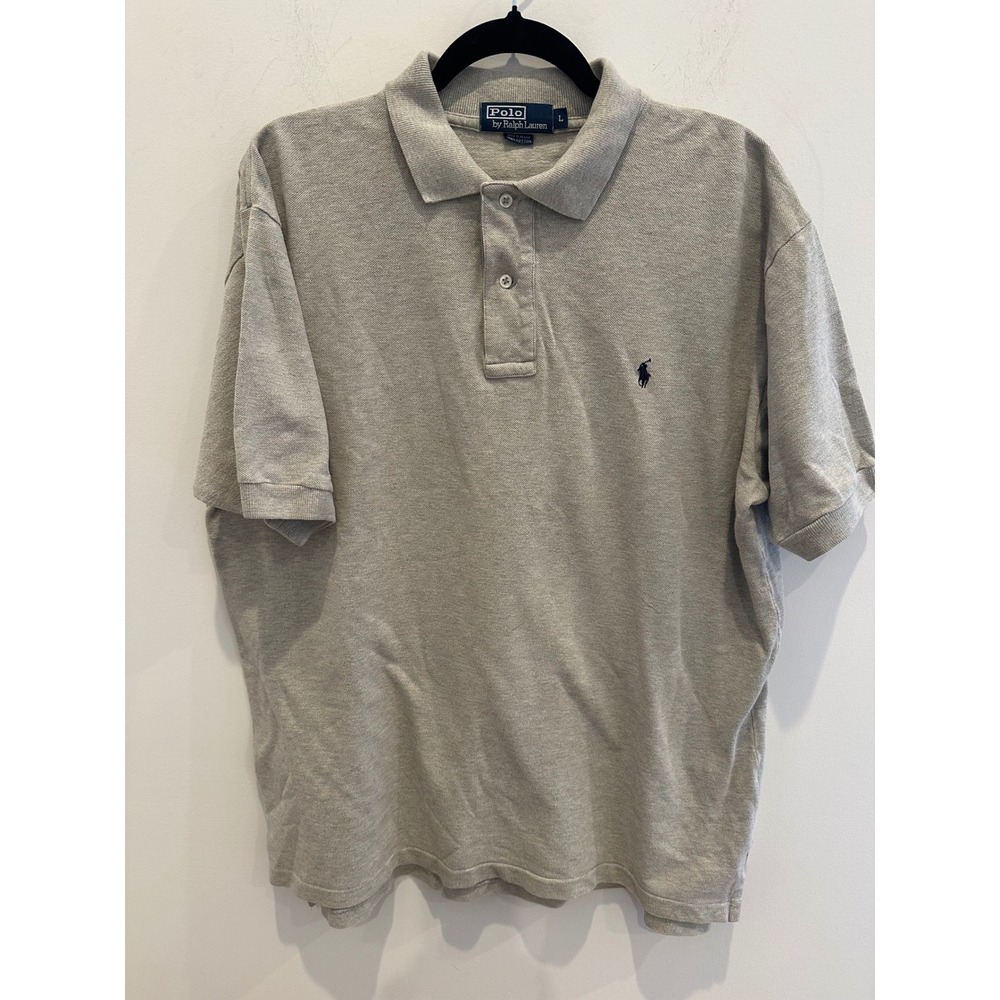 VTG Polo Ralph Lauren Mens L Gray Cotton Pique Short Sleeve Pony Logo Polo Shirt